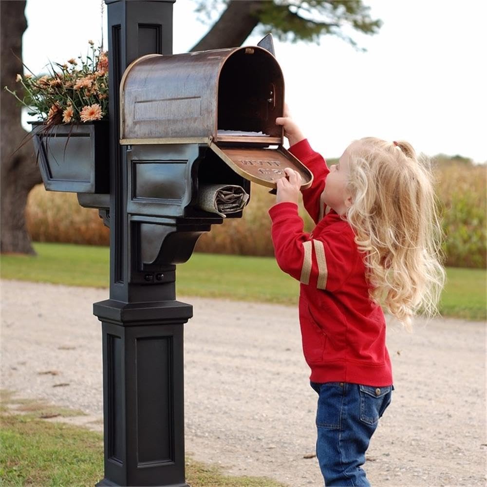 Pemberly Row Weatherproof Traditional Plastic Mail Post, Black Finish, 56.5" H x 8" W x 40.5" D, UV-Resistant Polyethylene, Mailbox Support Arm, Paper Holder, Durable Outdoor Mail Post