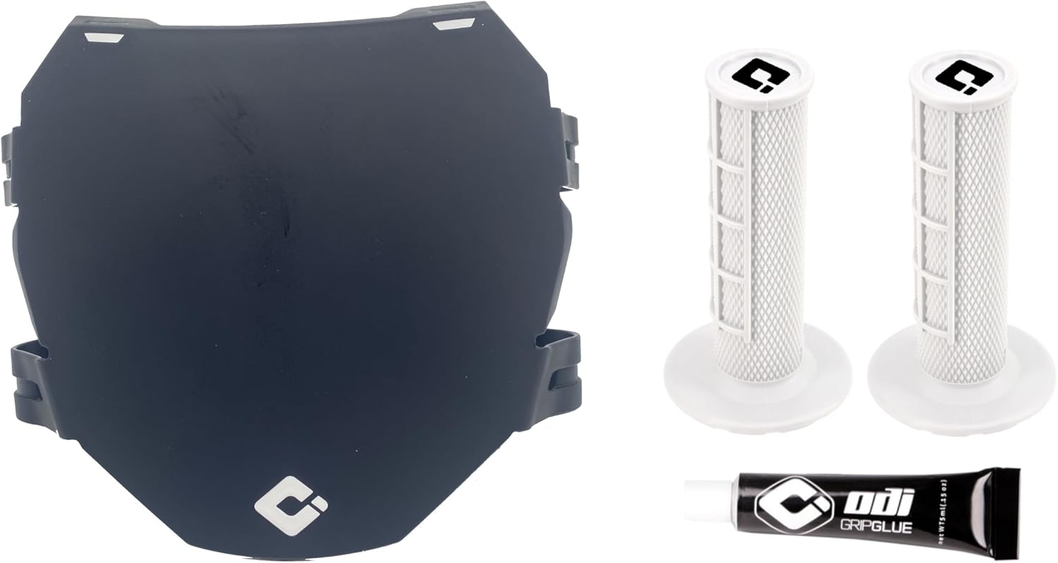 for ODI White Half Waffle Handlebar Grips with Grip Glue & Black Downhill Number Plate for Downhill Mountain Bikes & E Bikes