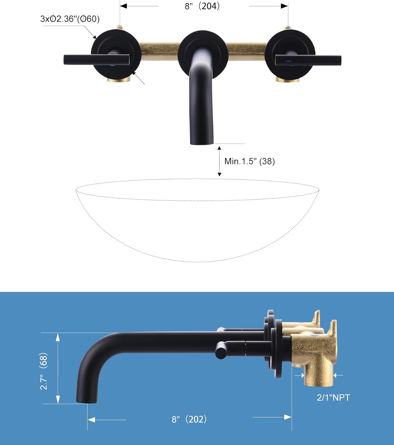 Matte Black Stainless Steel Wall-Mount Bathroom Faucet with Dual Handles