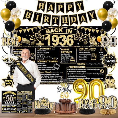90th Birthday Decorations for Men Black Gold Back in 1936 Party Supplies Kit with Banner Backdrop Sash Balloons Cake Topper & Honeycomb Centerpieces Happy 90 Year Old Birthday Decorations