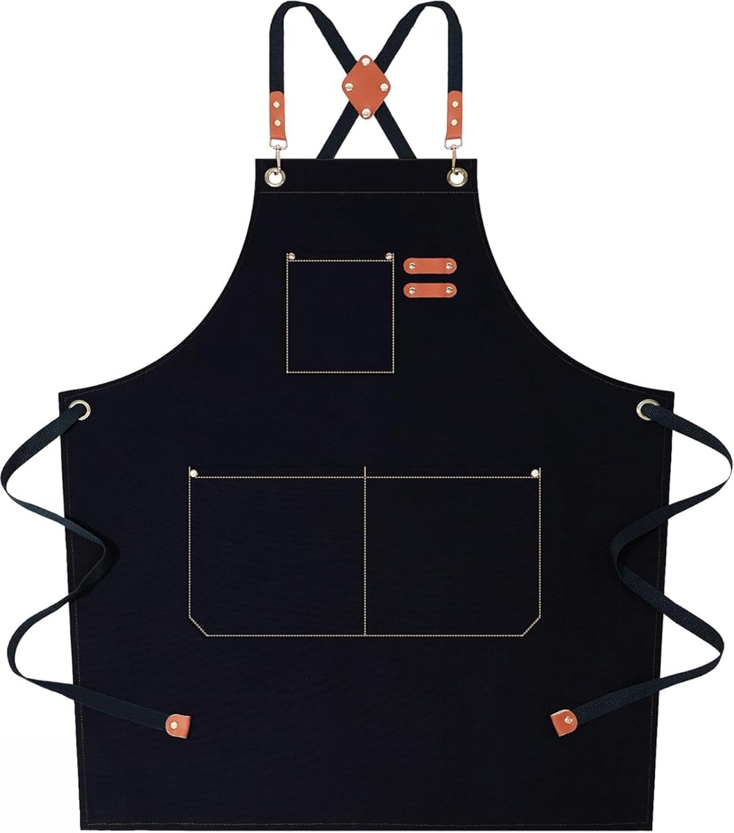 AFUN Chef Aprons for Women Men with Oversized Pockets, 12-Ounce Cotton Canvas Cross Back Water Repellent Apron (Black)