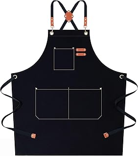 Chef Aprons for Women Men with Large Pockets, 12-Ounce Cotton Canvas Cross Back Water Repellent Apron (Black)