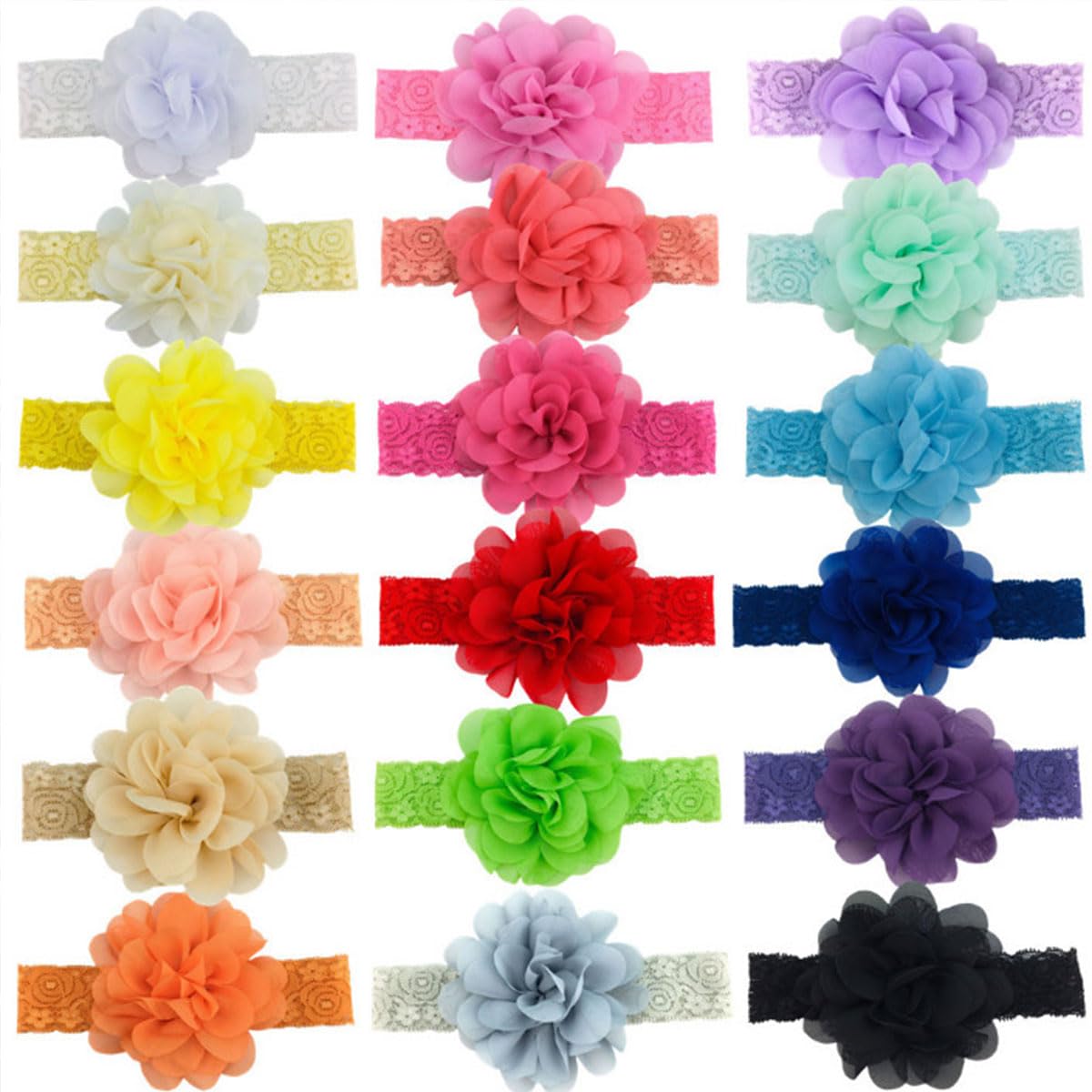 Snadulor 18 Pcs Chiffon Flower Baby Girls Headbands,Baby Flower Lace Headband Soft Elastic Baby Hairbands for Baby Girls Kids Toddlers,Random Color