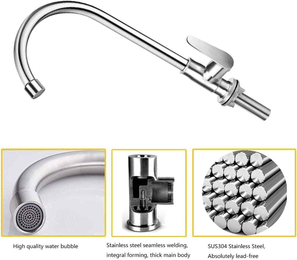 Brushed Nickel Cold Water Faucet Only,SUS304 Stainless Steel Cold Water Kitchen Faucet Single Handle Single Hole Cold Water Faucet for Kitchen,Outdoor, Garden and Bar with Hose and Longer Thread Pipe