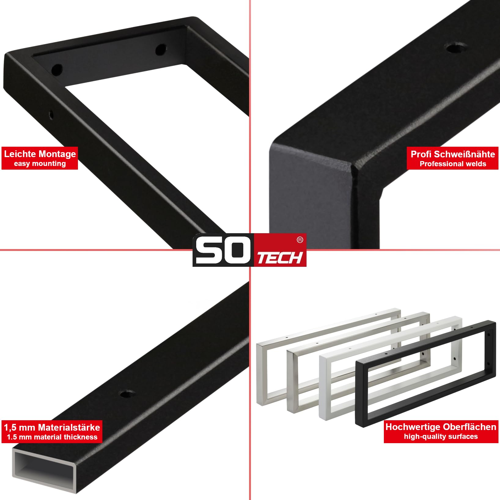 SOTECH 2 Stück Waschtischkonsolen WK500 mm schwarz matt, Design-Waschtischhalterung, stabile Wandkonsolen, Konsolenträger für Aufsatz-Waschschale, Handtuchreling