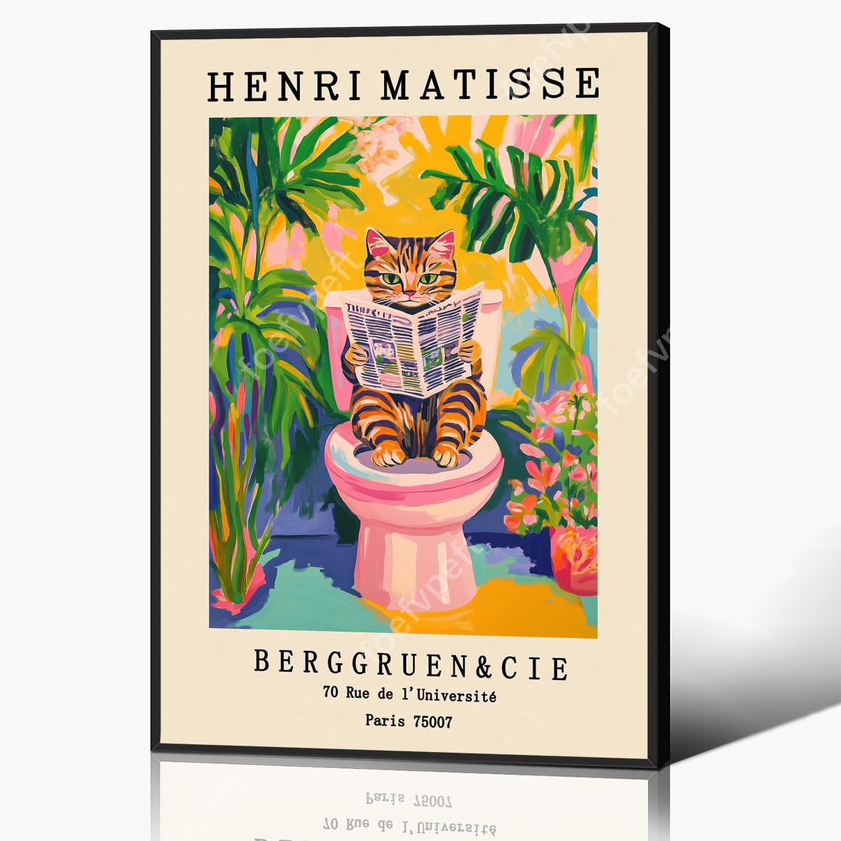 Henri Matisse Canvas Wall Art, Funny Animal Bathroom Poster, Cute Tabby Cat on A Toilet Print, Pink Dopamine Bathroom Wall Decor, Tropical Botanical and Animal Picture 30x40cm Framed