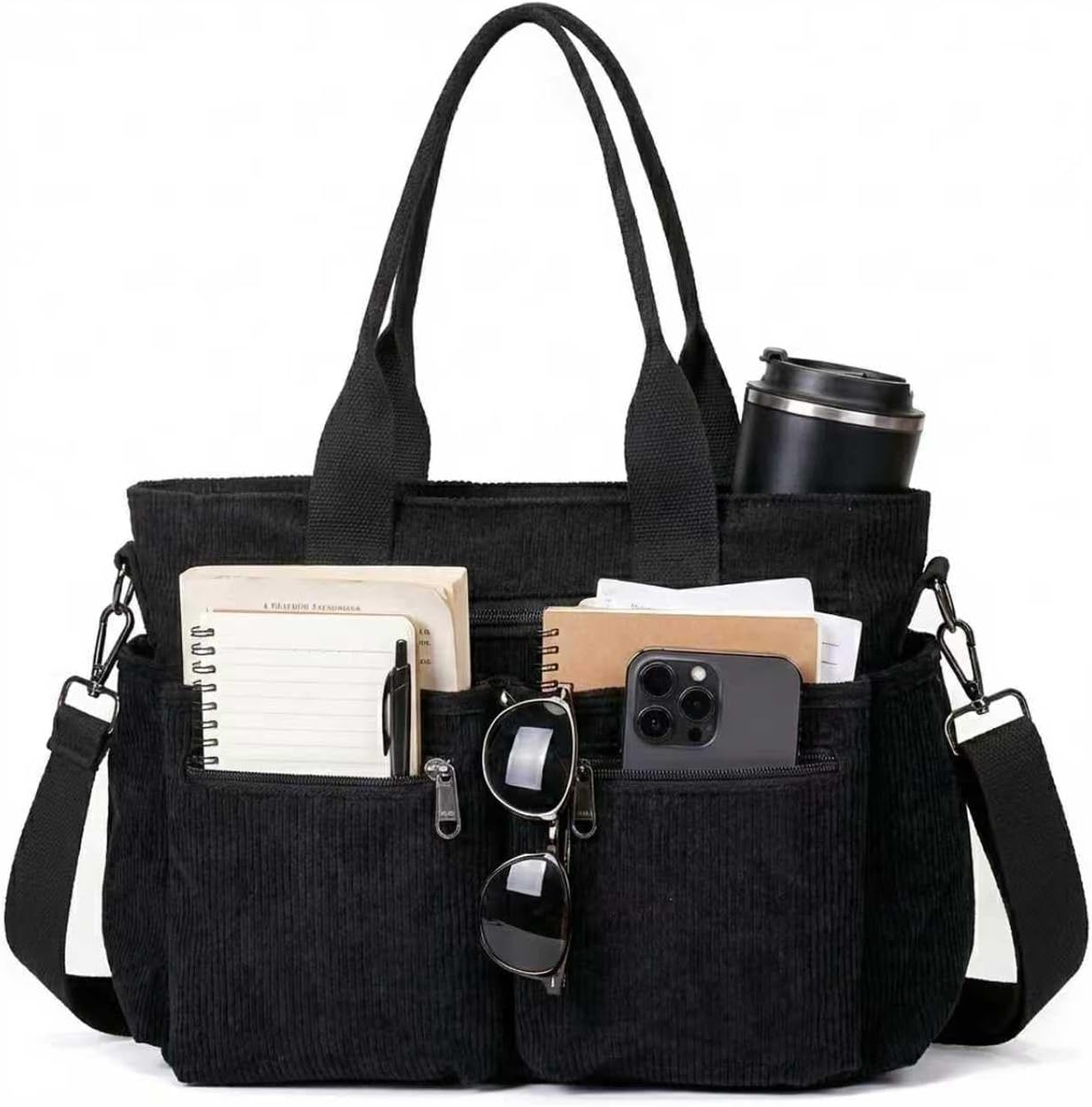 YDF Corduroy Tote Bag for Women Crossbody Purse with Zipper, Aesthetic Multi Pocket Work School Bag, Gifts for Mom Teacher