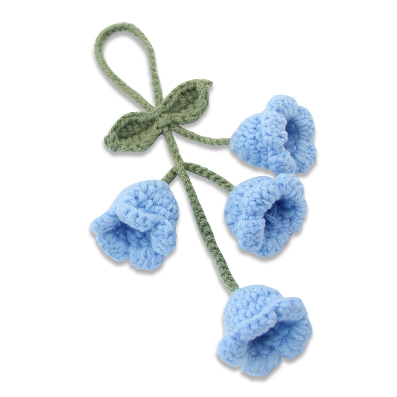 Car Mirror Hanging Accessories, Cute Crochet Convallaria Car Hanging Ornament Handmade Knitted Flower Aesthetic Car Rearview Mirror Interior Decor for Women Gifts (Blue)