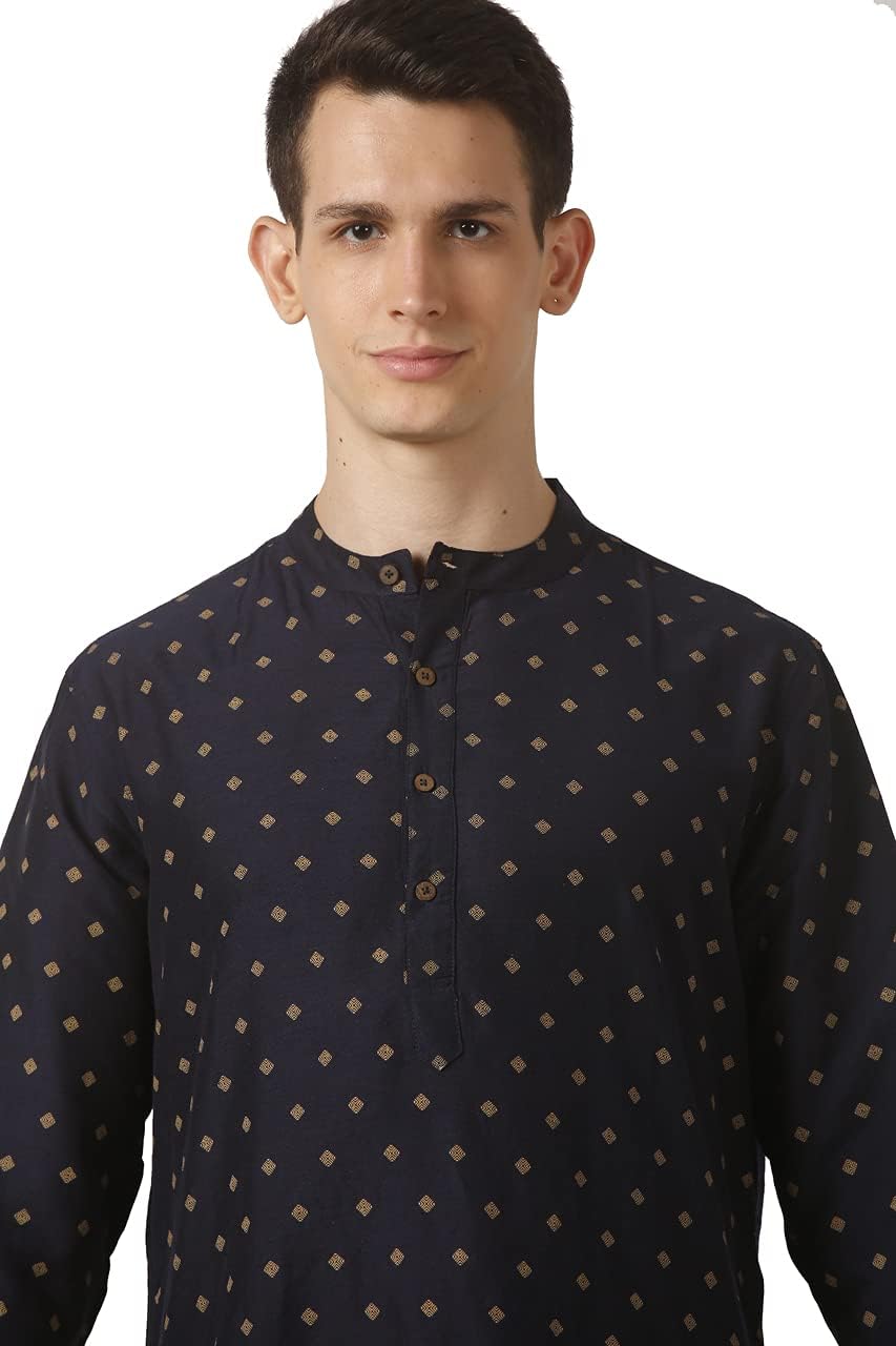In-Sattva Men's Mandarin Collar Micro Dobby Fine Print Mid-Length Kurta Tunic; XL; Navy Blue