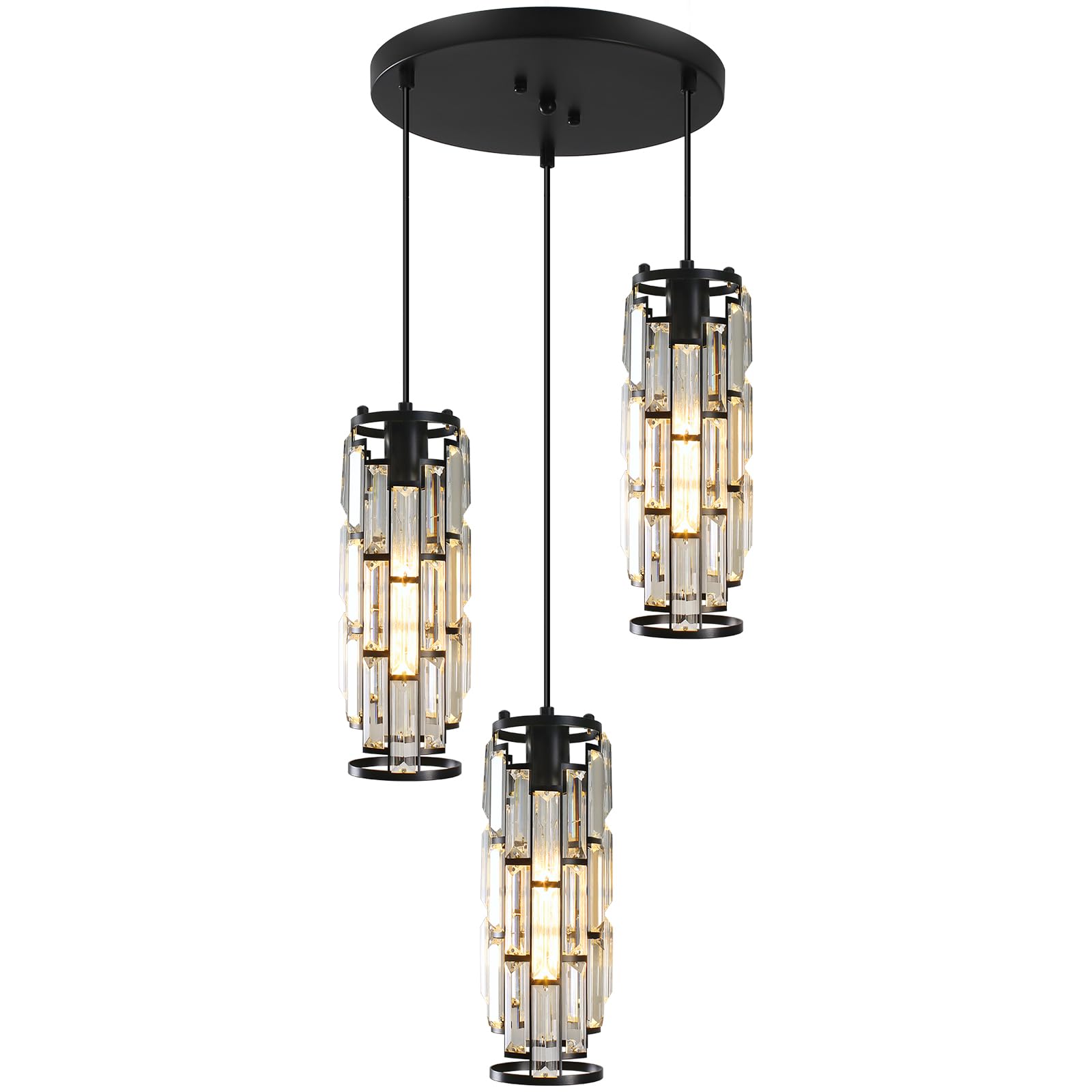 Heircido 3 Light Crystal Pendant Lighting,Pendant Lights Kitchen Island,Hanging Light fixtures,Modern Black Pendant Lighting,Adjustable Hanging Light for Dining Room Kitchen Living Room Hallway
