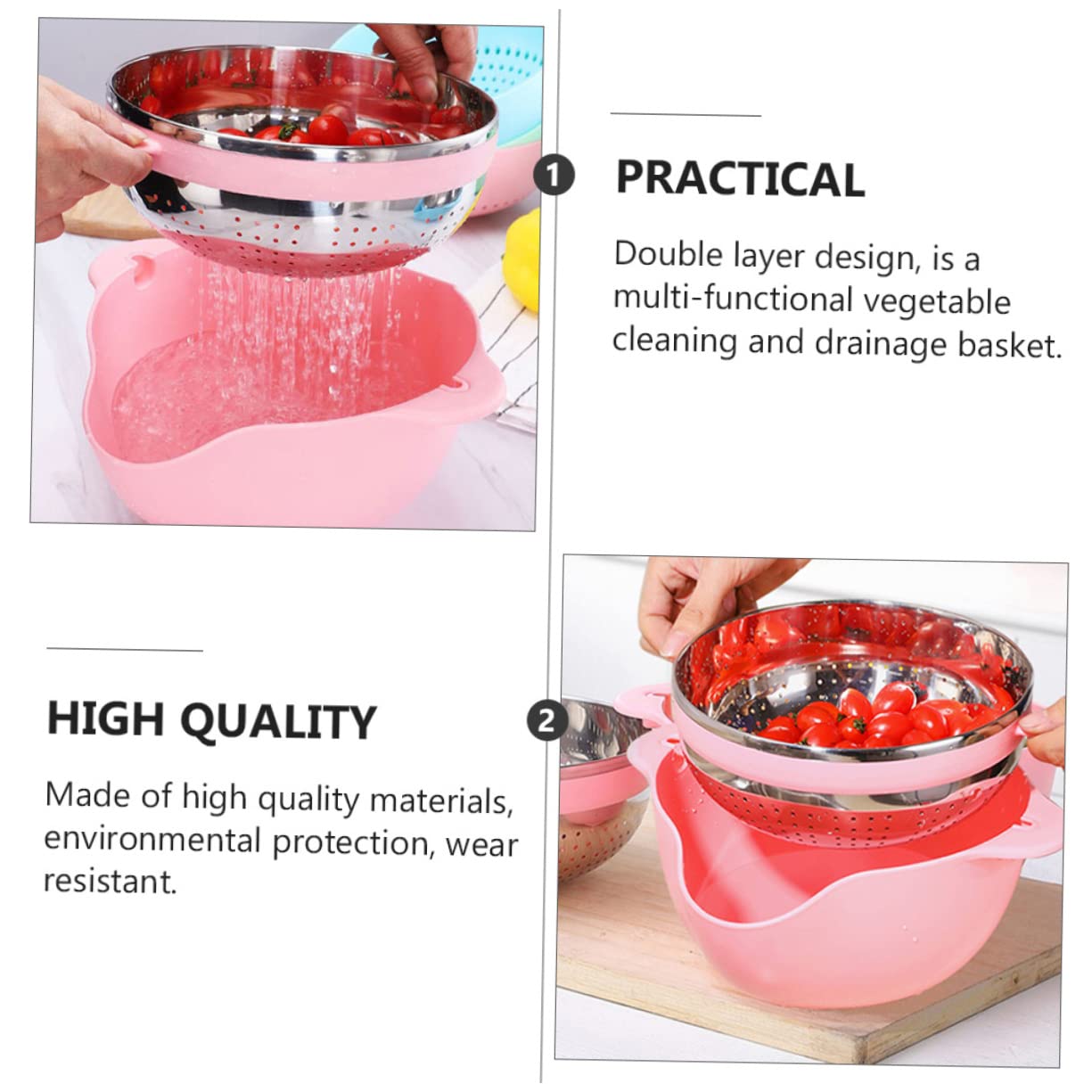 Bol Passoire à Riz Rond en Acier Inoxydable Rose, Double Couche