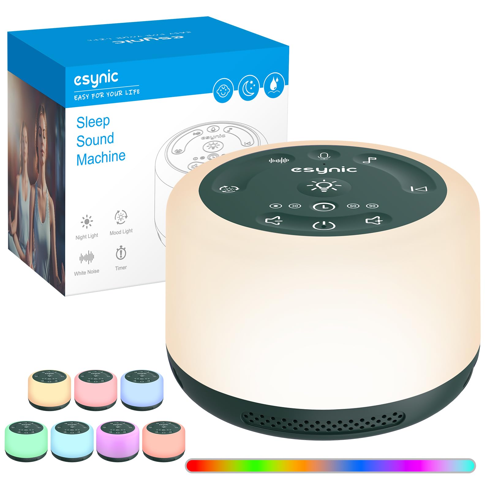 eSynic White Noise Machine Baby Einschlafhilfen 2000mAh Akku mit 7-Farben Nachtlicht 30 Beruhigende Klänge Verbesserte Akkulaufzeit Drahtloser Lautsprecher Memory-Funktion Für Erwachsene Babys (Grün)