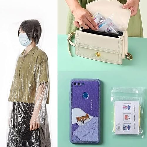 Miniatura 7 de Paquete de 12 ponchos de lluvia transparentes con capucha para adultos, familia, 3 colores, impermeables de emergencia de 51.1 pulgadas