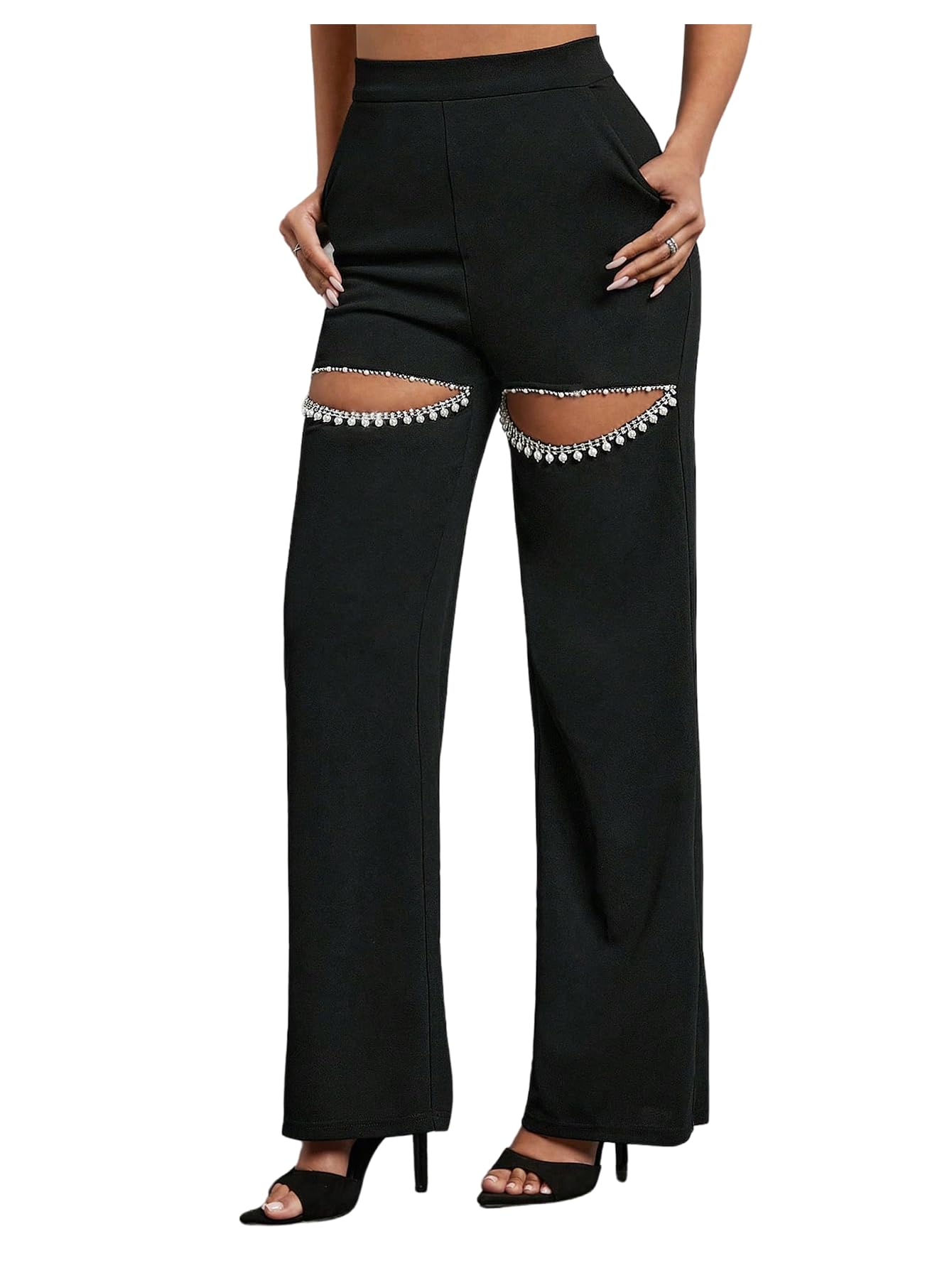 MakeMeChic Womens Y2K Party Cut Out Rhinestone Pants Pearl Beaded Straight Leg Trousers