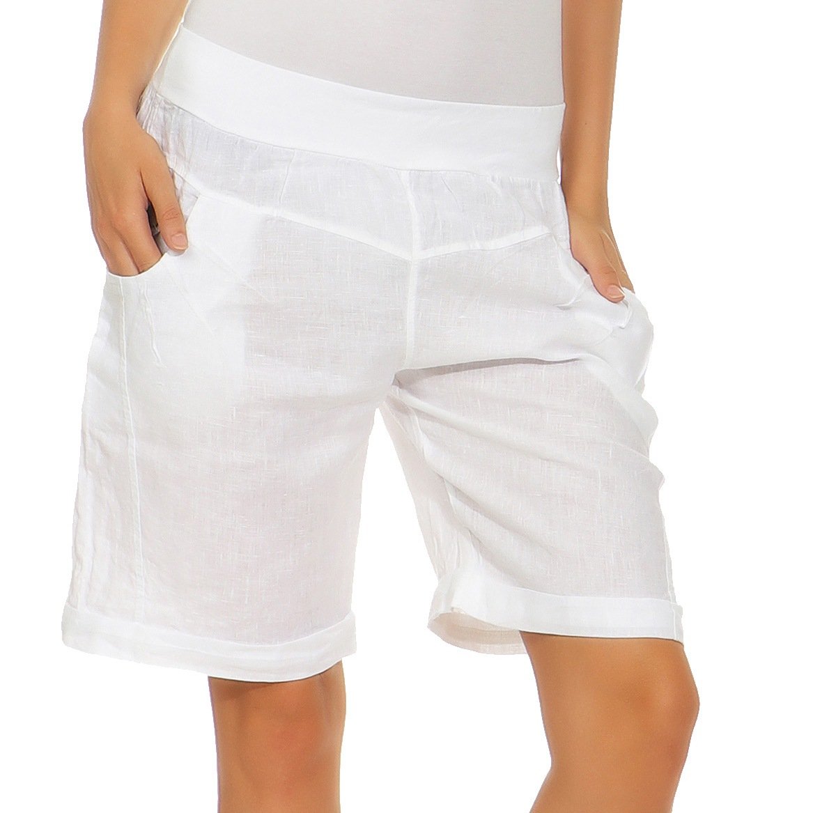 Mississhop – Pantalones cortos de lino para mujer, pantalones cortos sueltos para ocio, pantalones cortos de 100% lino, pantalones cortos elegantes con botones, para verano y playa