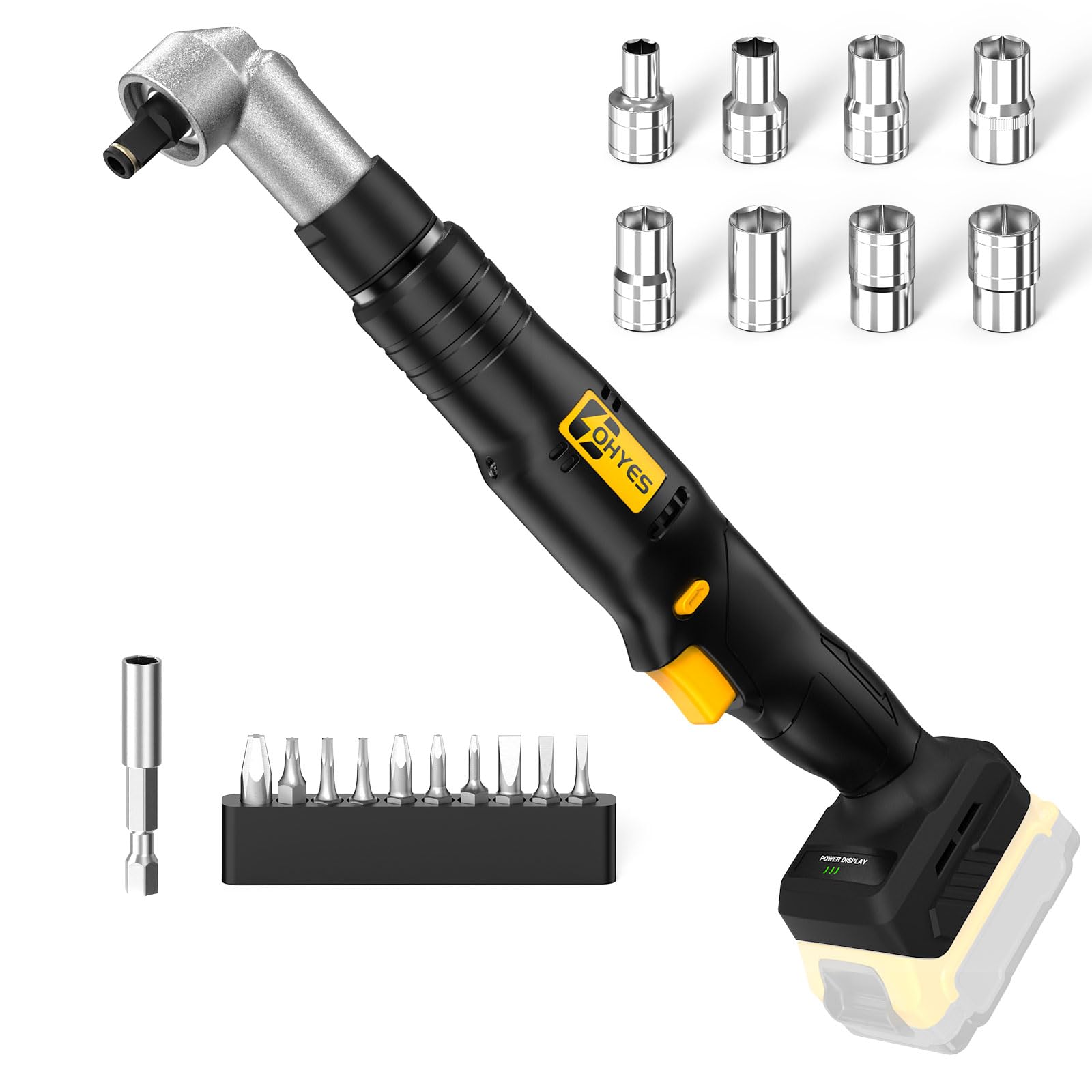 Cordless Right Angle 1/2'' Impact Wrench + 1/4''Driver fit for DeWALT 20v Max Battery 6 Variable Speeds 360 Degree Adjustable Head For Auto Service Plumbing & DIY Projects(Battery not included)