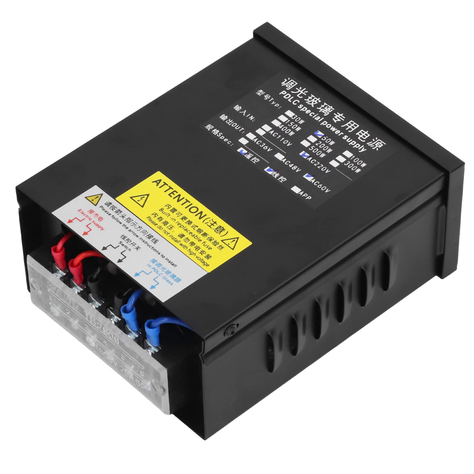 Alimentation intelligente 50 W pour verre PDLC avec sortie AC60 V, 315 MHz, télécommande, matériau en alliage d'acier, haute efficacité, performance sûre, application polyvalente