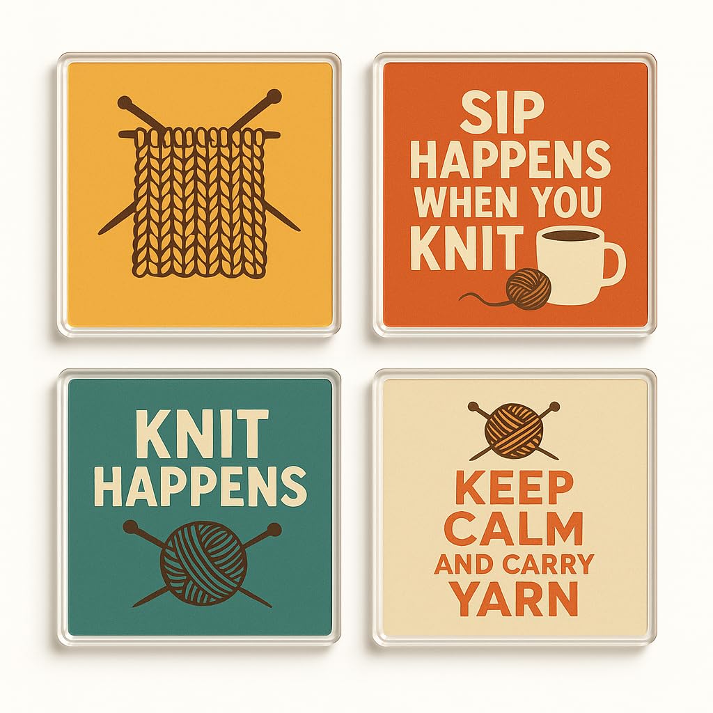 The Plum Penguin Yarn Whimsy Acrylic Coaster Gift Set Of 4 With Knitting Humour - Retro Craft Decor For Knitting Enthusiasts