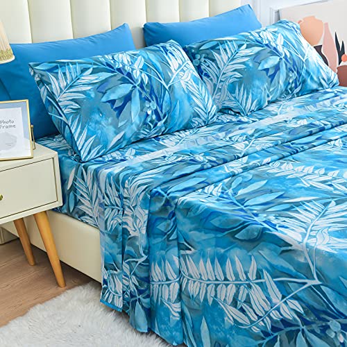 Image of JSD Blue Tropical Leaves Print Sheet Set Full Deep Pocket | 4 Piece Soft Botanical Microfiber Sheets, OEKO-TEX Certified, Easy Care