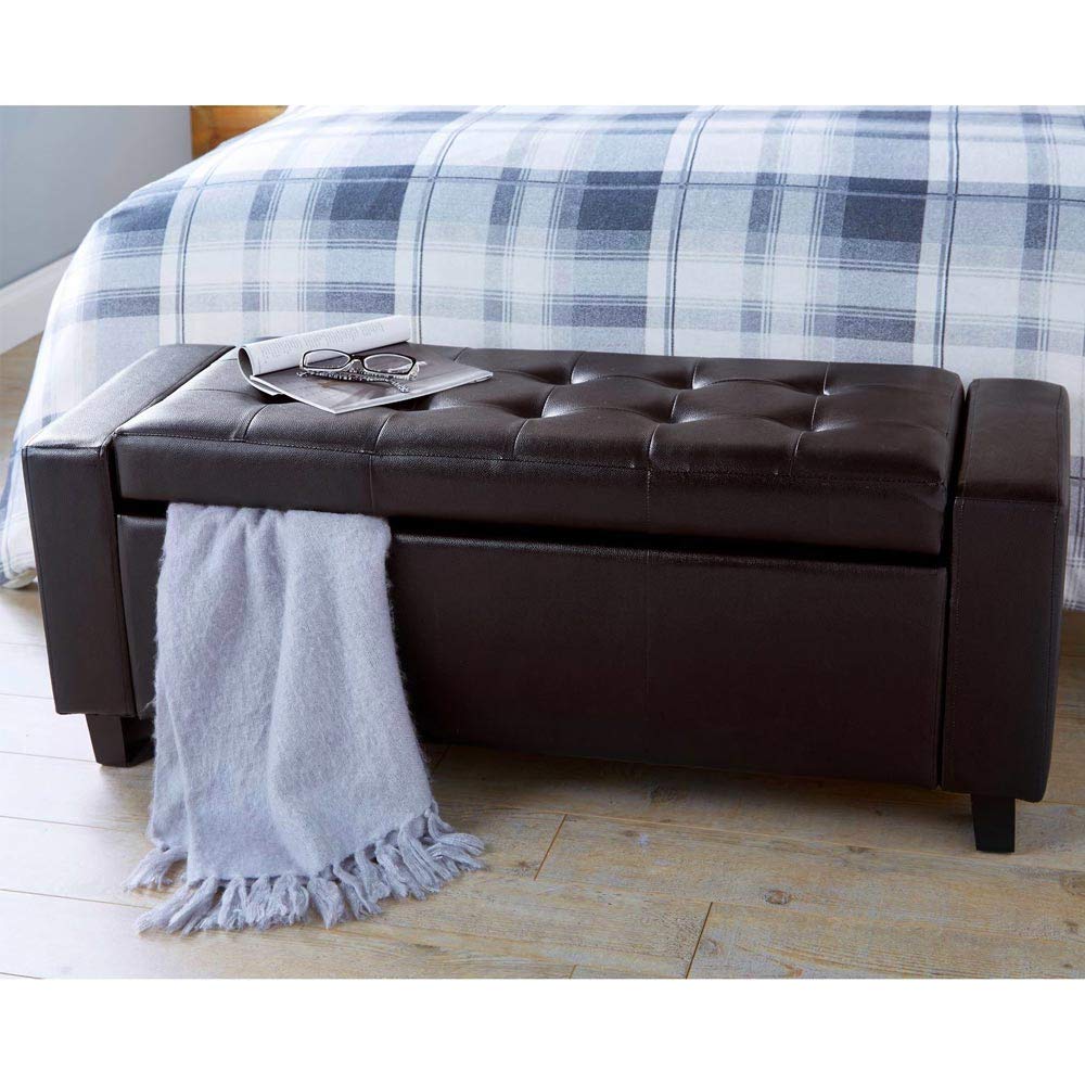 BAKAJI Cassapanca Pouf Contenitore Poggiapiedi per Camera da Letto Panca Sgabello con Struttura in Legno Rivestimento in Eco Pelle Seduta Apribile Imbottita Dimensioni: 110 x 40 x 40 cm (Marrone)
