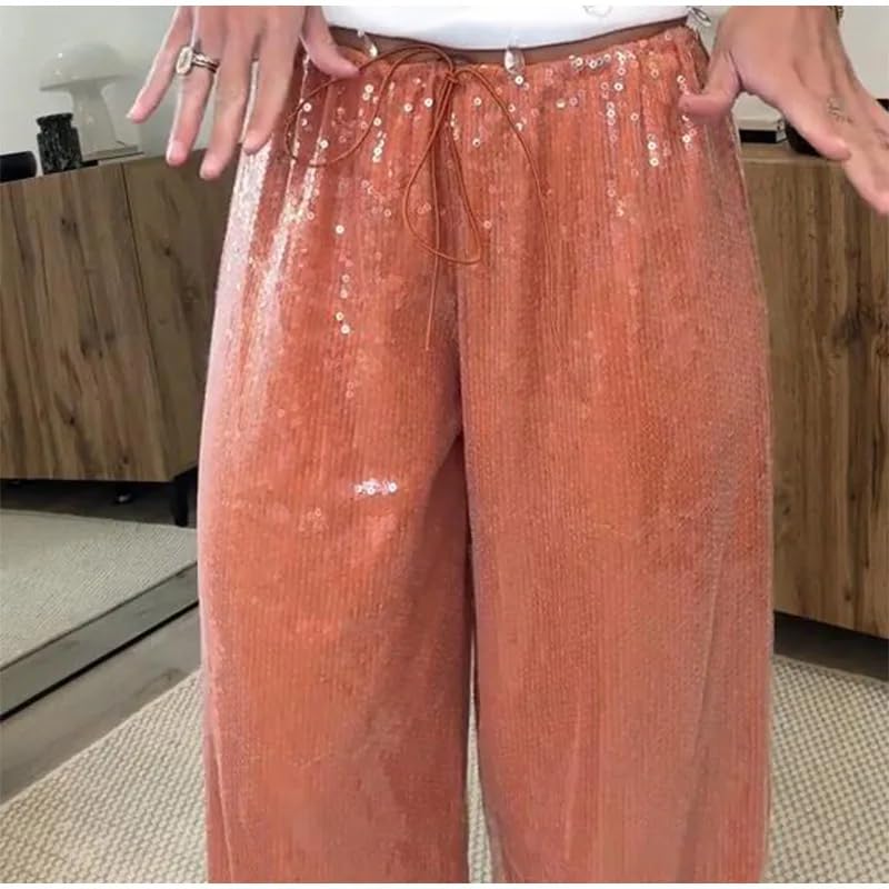 Adoeren Women Sparkly Sequin Wide Leg Pants Shiny Elastic Low Rise Drawstring Palazzo Pant Glitter Baggy Party Long Trouser2