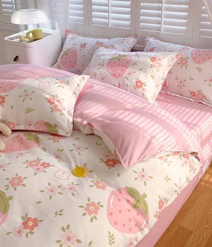 Miniatura 5 de Juego de ropa de cama floral rosa fresa y verde, patrones lindos, funda de edredón para niñas, 3 piezas, conejo, fresas y flores, funda de edredón