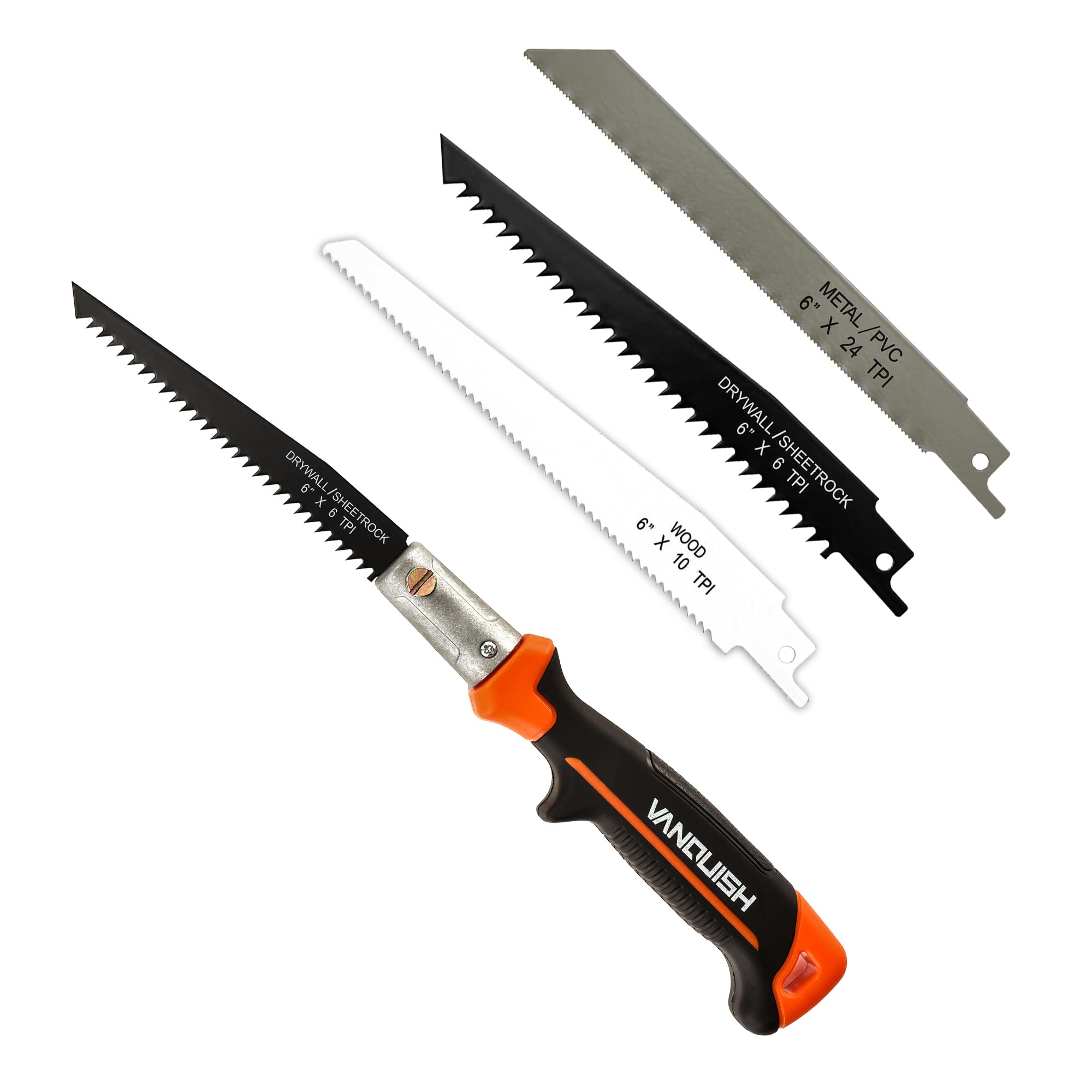 VANQUISH 3 in 1 Multi Blade Hand Saw, 6 inch Hacksaw with Replaceable Drywall Bi-Metal and Wood Blades for Cutting Metel, Drywall, Sheetrock, Wood, Plastic, Plywood 4869