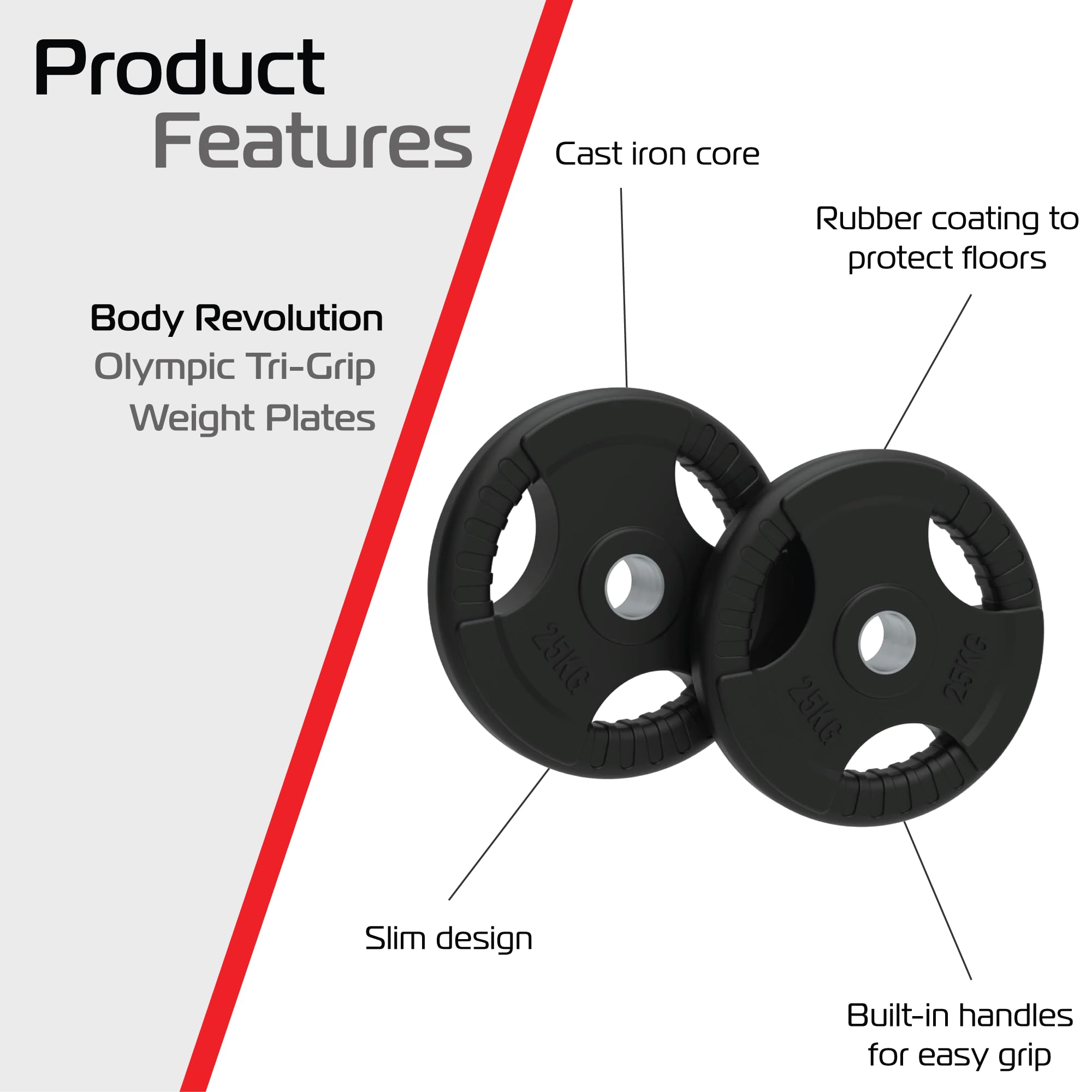 Body Revolution Olympic talerze do sztangi – powlekane gumą – tri Grip Radial – zakres ciężarów i rozmiarów sprzedawanych oddzielnie (para 25 kg).