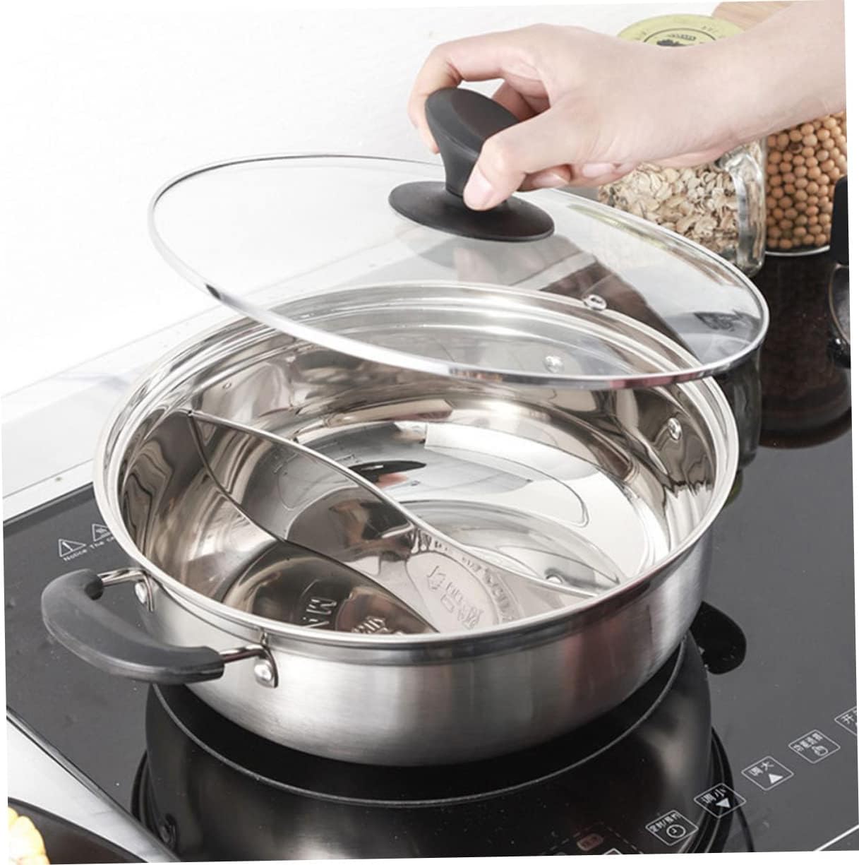 Amosfun 1Pc Dual Flavor Hot Pot with Handles Induction Compatible Cooking Pot for Home Kitchen Suitable for Gas and Electric Stoves