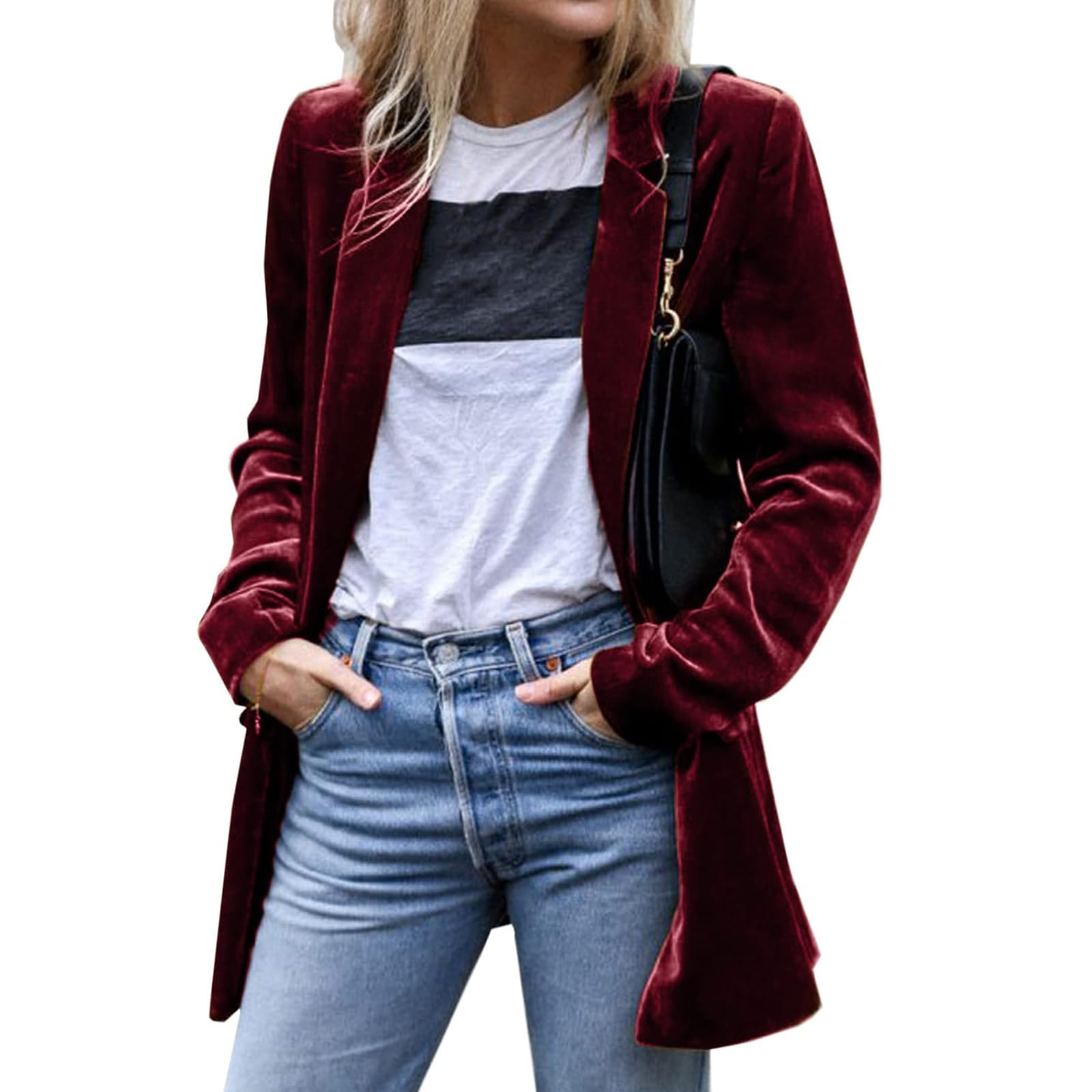 Womens Velvet Blazer Jacket Business Casual Long Sleeve Button Lapel Coat Work Office Suit Cardigan Jackets