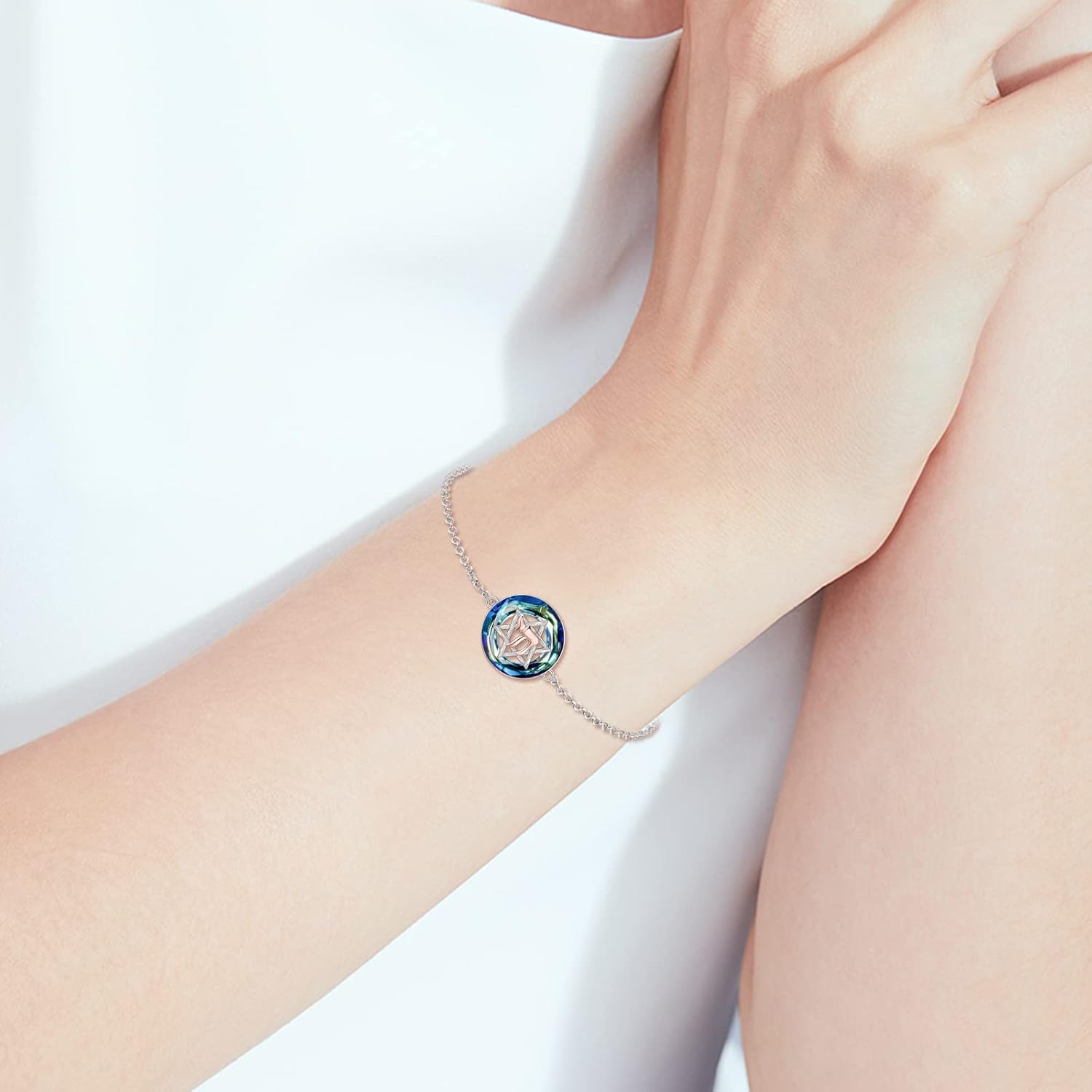 YFN Star of David Bracelet Hebrew Chai (Life) Crystal Bracelet Sterling Silver Jewish Token Jewelry for Women Men