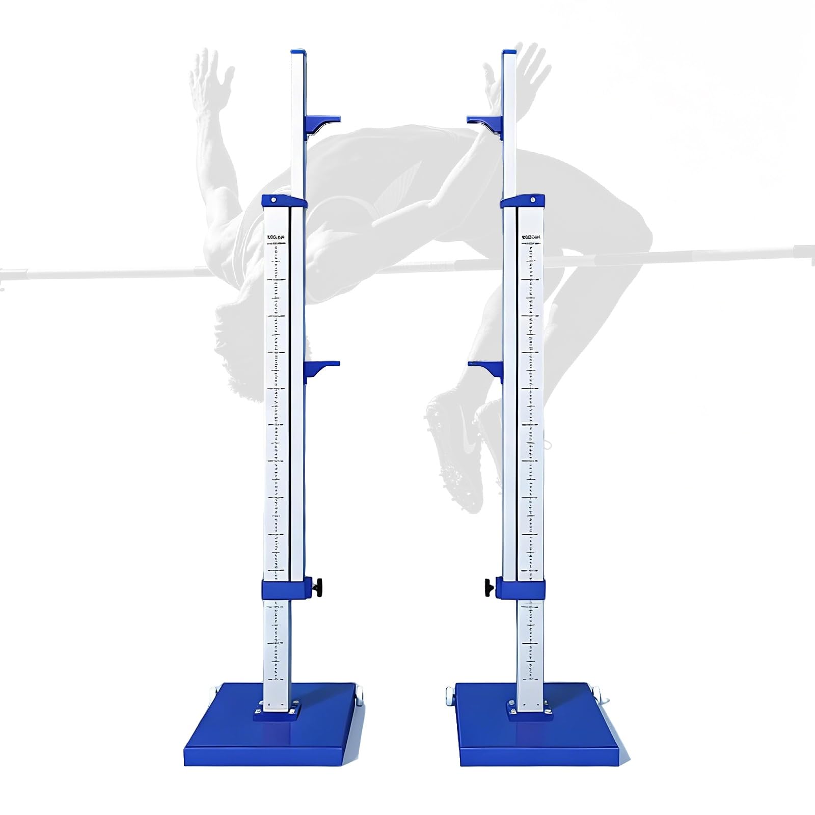 Stojaki do skoku wzwyż, aluminiowe słupki, regulacja wysokości w zakresie 30–230 cm, metryczny system pomiarowy, regulacja za pomocą pokrętła, idealne do treningów szkolnych i zawodów