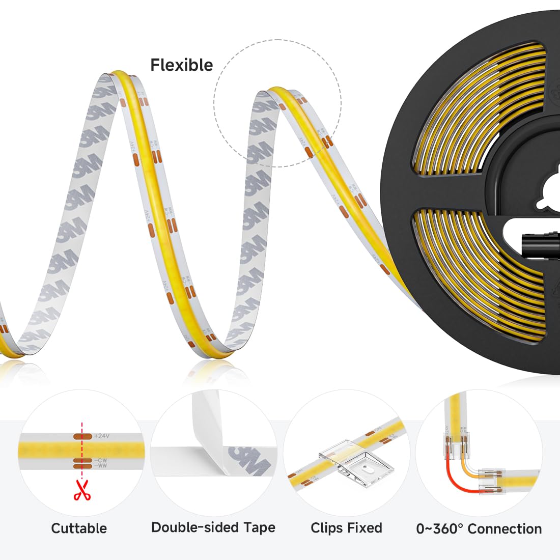 BTF-LIGHTING FCOB COB FOB Flexibler High Density CCT LED Streifen 5M 640LEDs/m Abstimmbar 3000K-6500K CRI＞90 Dimmbares verformbares LED-Lichtband für Schlafzimmerküche Innendekoration DC24V