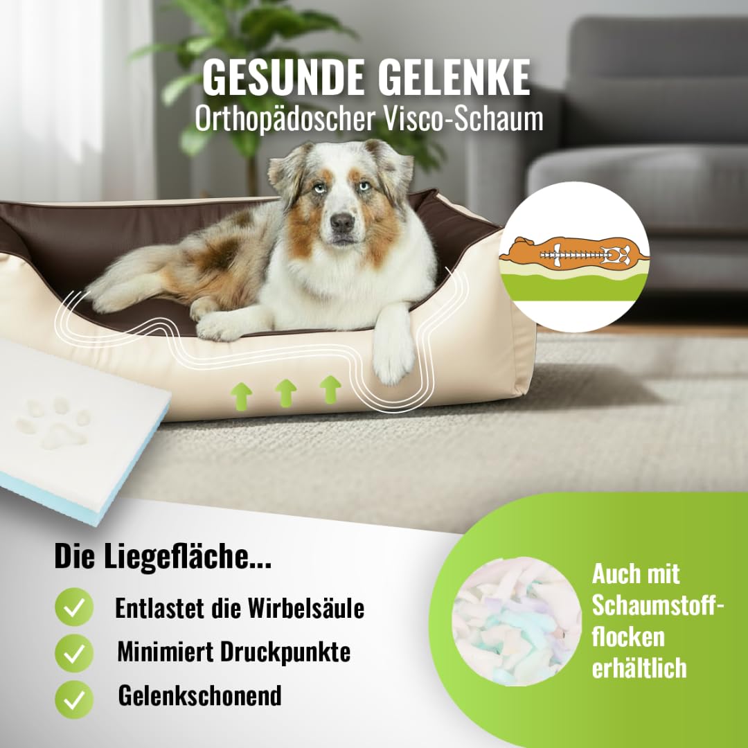Cama para perros CopcoPet Rocco 2 en 1, impermeable y de piel sintética, con colchón de plástico para perros con espuma de copos o espuma viscoelástica ortopédica
