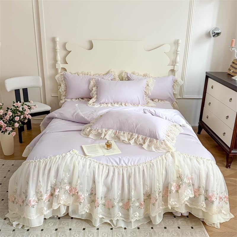 Parure de lit 100% coton lavé haut de gamme à broderie fine et jupe de lit