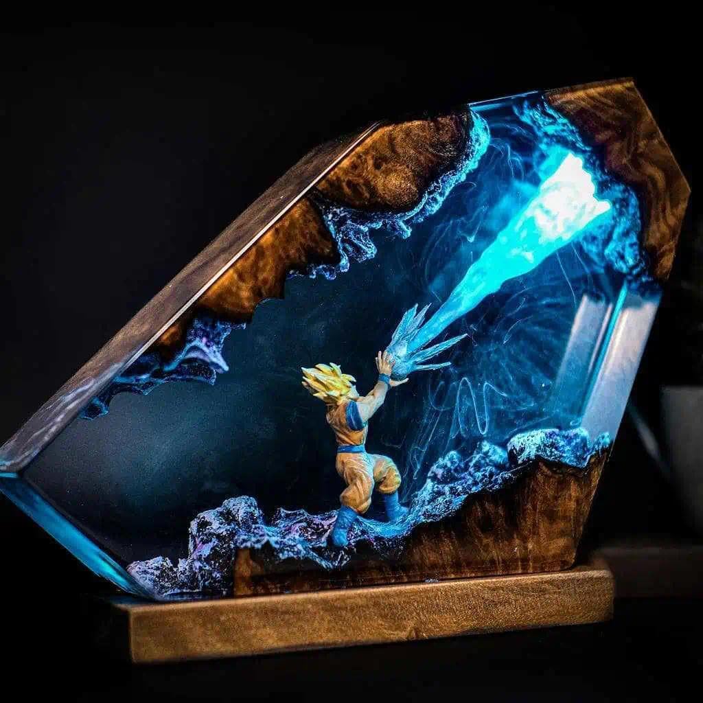 FIYSON 3D Dragon Ball Epoxy Resin Night Light, Resin Goku Figures Ornaments with Wooden Base, Bedside Lamp with USB Cable and 16 Colour Remote Multicoloured LED Night Lamp, Desktop Art Decor