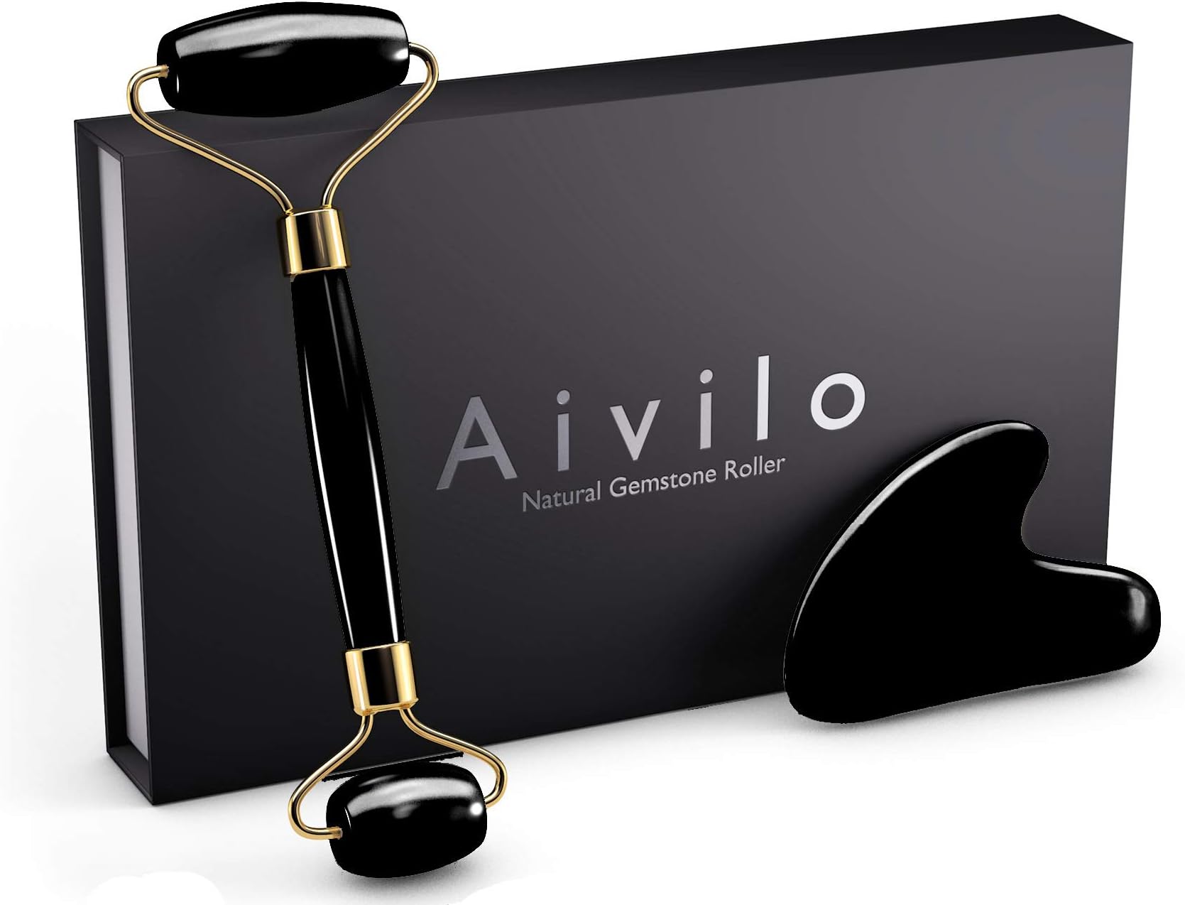 Aivilo Natural Obsidian Roller and Gua Sha - 2 in 1 Facial Face Roller and Massaging Skin Healing Toning Massage Jade Roller Alternative (Onyx - Black)
