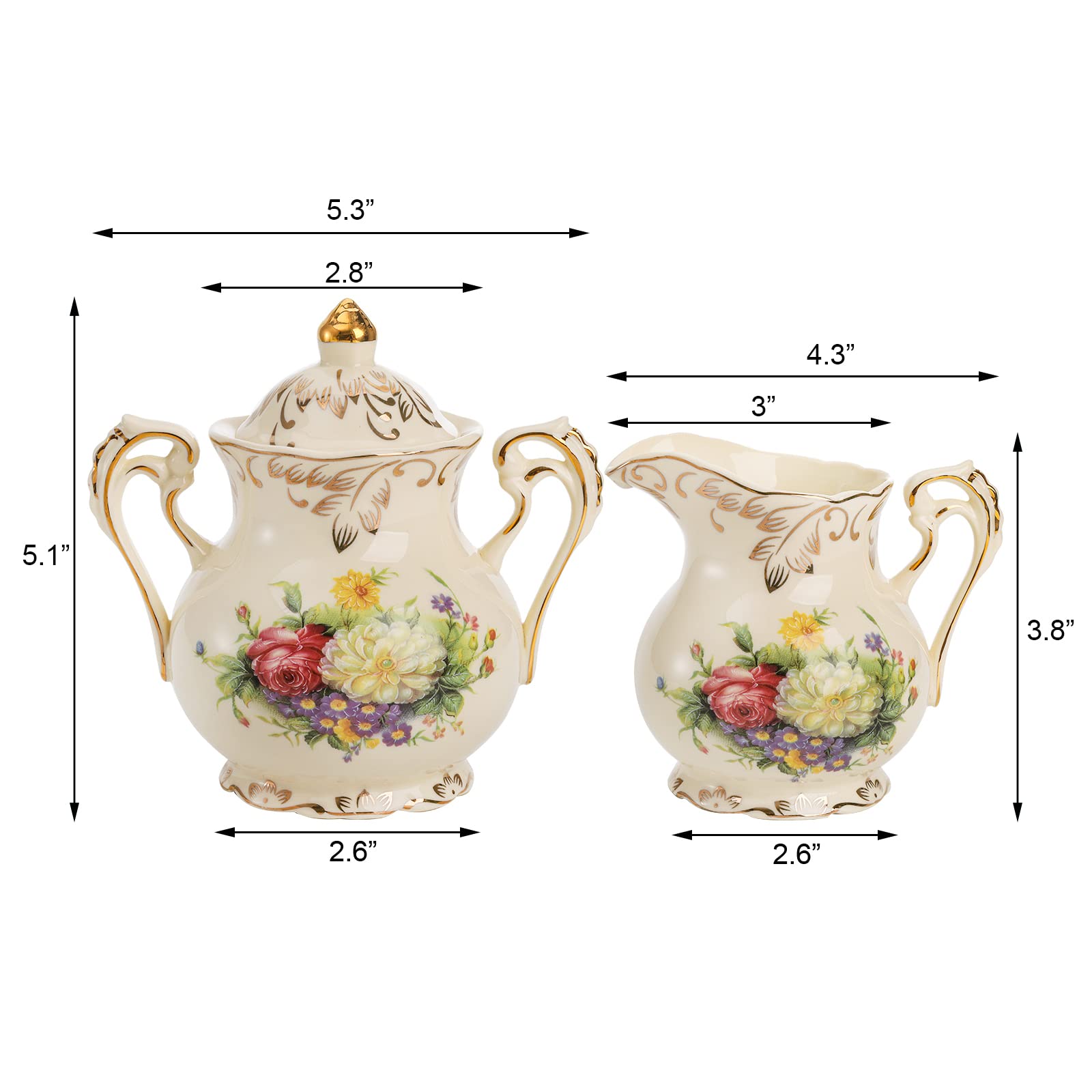 Foraineam Juego de azúcar y crema, porcelana marfil para servir café, diseño de arbustos florecientes con hojas doradas y borde de crema jarra y azucarero con tapa