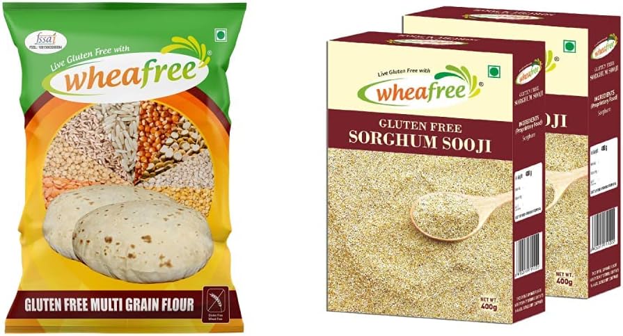 Wheafree Gluten Free Flour (5kg) Certified Gluten Free & Wheafree Gluten Free Sorghum Sooji (Pack of 2 x 400g Each)