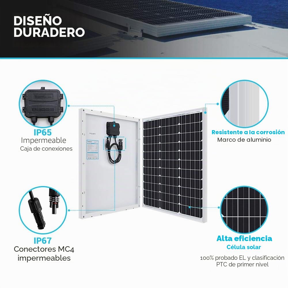Renogy Kit Solar 50W 12V, Kit Solar Autoconsumo, Kit Panel Solar, Kit Solar Autocaravana de Placa Solar 12V con Regulador Solar PWM 10A 12V/24V para Furgoneta,Camper,Casa, Panel Solar Portatil 50W