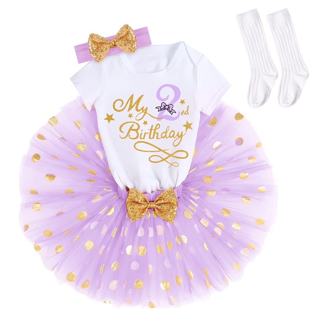 Newborn Infant Toddler Birthday 4 Piece Outfits for Baby Girl First Birthday Cake Smash Romper Bodysuit Onesies Jumpsuit Banquet Formal Set Princess Photo Props Casual Clothes Purple-2nd 2T