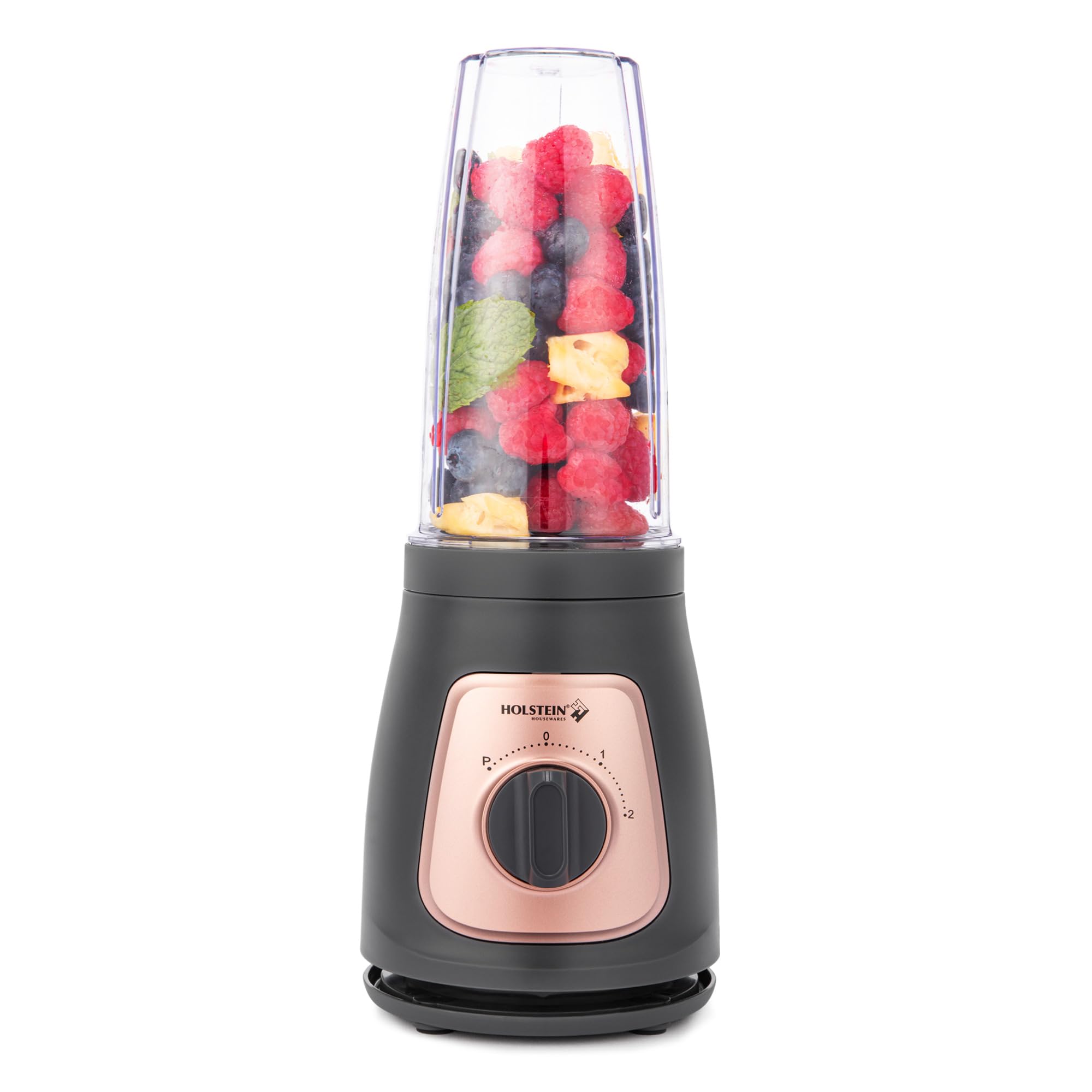 Holstein Housewares Personal Blender – 25 oz Travel Jar, Two-Speed Knob with Pulse Function, Stainless Steel Blades, Compact & Portable, Cool Grey/Rose Gold