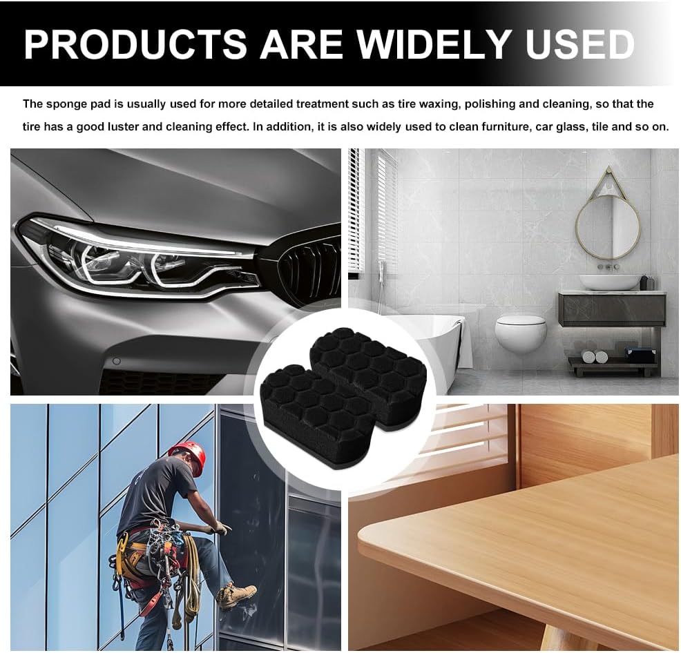 2PCS Tire Waxing Applicator Pad, Sponge Pad, Easy Grip Hex Logic Tire Shine Dressing Applicator Sponge, Car Durable and Reusable Cleaning Foam Sponges for Wheel Tire Polishing (Black)