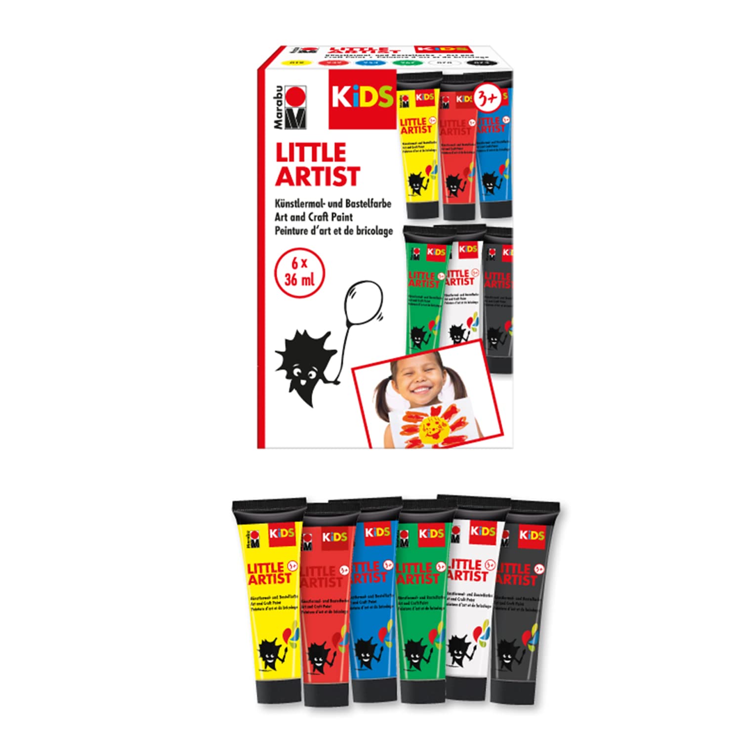 Marabu Kids Little Artist 6 x 36ml Colour Assortment - Kids Paint Set - Ideal Washable Paints for Kids, Perfect Set for Painting for Children, Childrens Art & Craft Paint for Boys and Girls