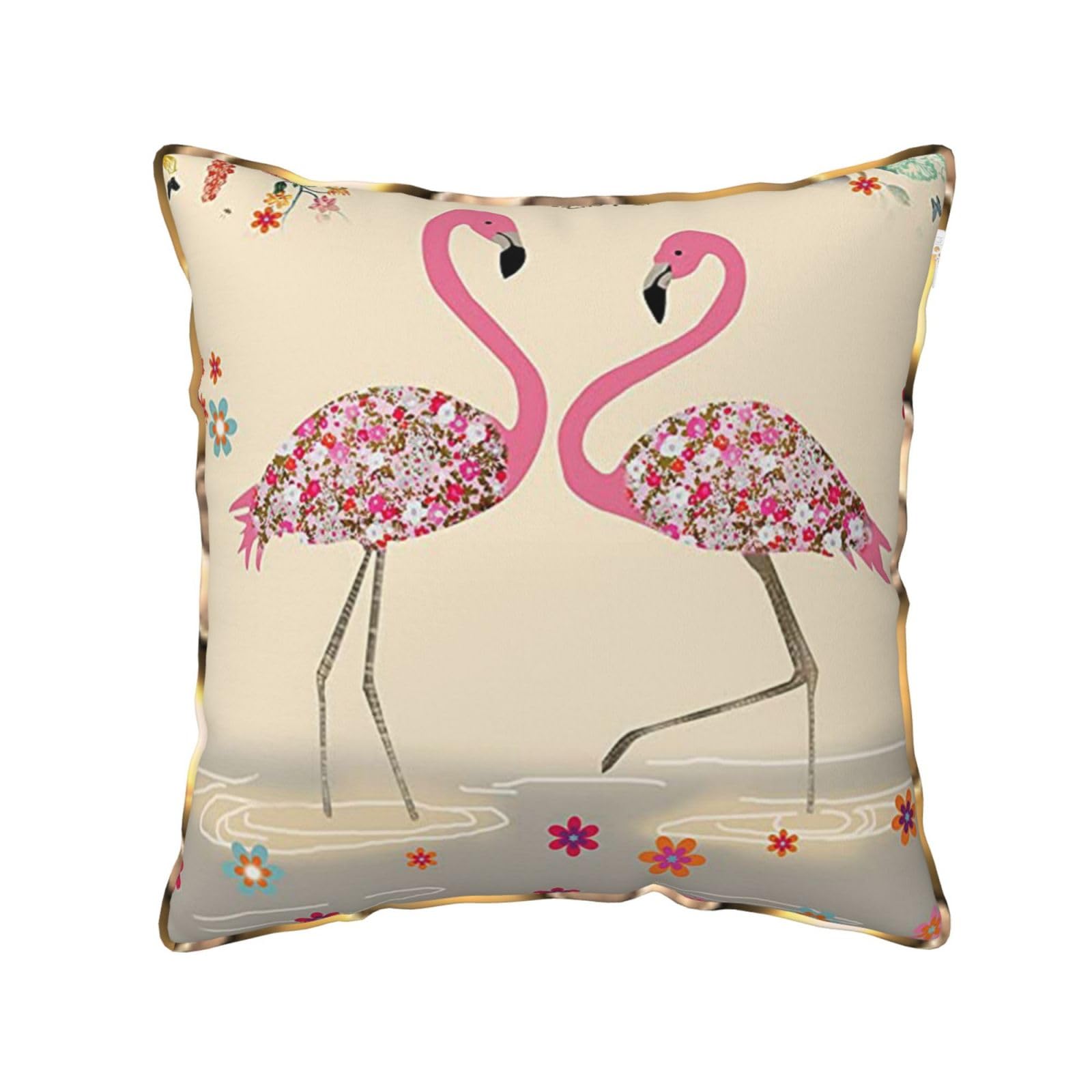 AUBKFELD Flamingos and Flowers Printed Velvet Cushion Cover 40x40 CM with Gold Edging Strip, Square Pillowcase Soft Throw Pillow Covers Case Decorative for Living Room Sofa Couch Bed Bench