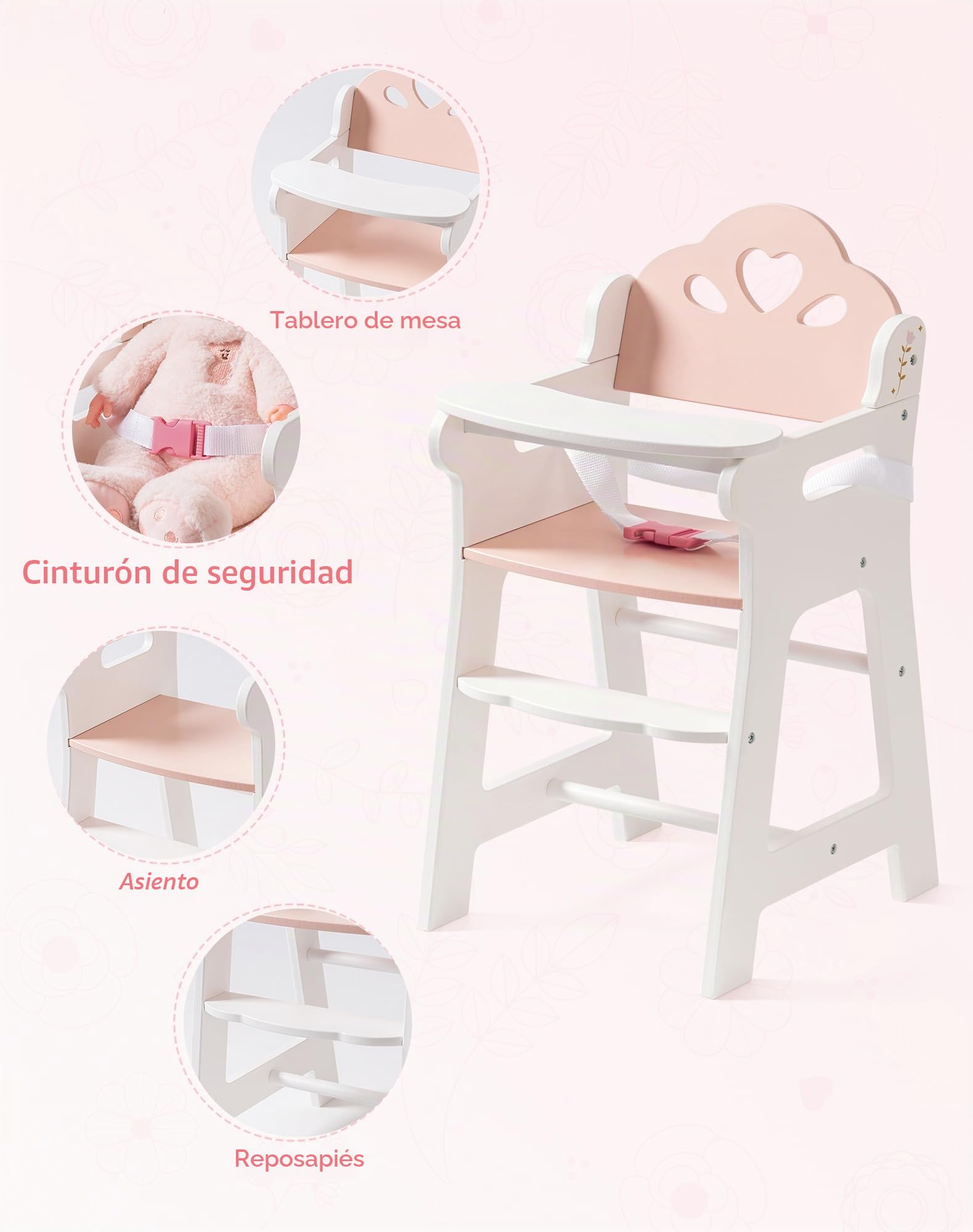 ROBUD Silla Alta para Muñecas, Silla Alta de Madera para Jugar con Cinturón de Seguridad Ajustable, Robusto Mueble para Muñecas con Tablero Movible, Apto para Muñecas de hasta 18 Pulgadas, Blanco