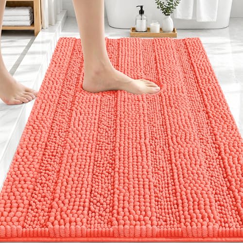 Image of OLANLY Thick Bathroom Rugs 30x20, Extra Soft Absorbent Chenille Striped Bath Rugs, Rubber Backing, Machine Wash Dry, Bath Mats for Bathroom Floor, Tub and Shower, Home Decor Accessories, Coral