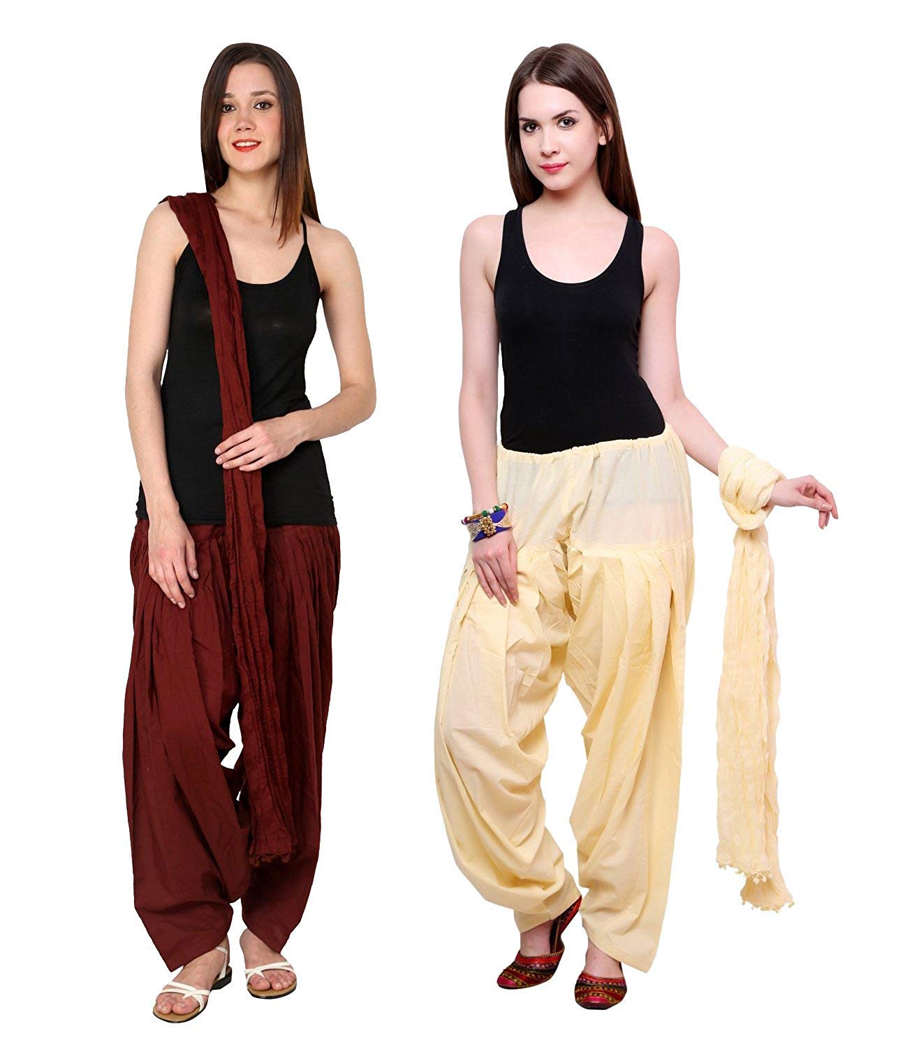GenericWomen's Cotton Solid Combo Of 2 Patiala Salwar with Dupatta Set (Free Size, Maroon & Creme)