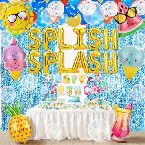 Pool Party Decorations Splish Splash Summer Party Decorations 76Pcs Beach Parties Decoration With Foil Balloon Latex Balloon Happy Birthday Banner Foil Curtain And Bobo Balloon For Luau Hawaii Party