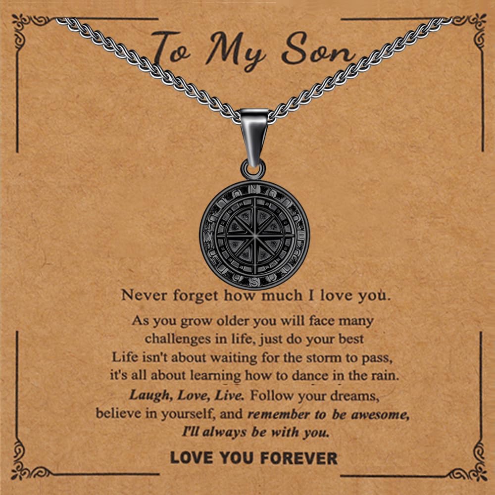 To My Son Compass Pendant Necklace Gift, Personalized Engraved Compass, Milestone Necklace for Son, Men's Pendant, Important Commemorative Day, Graduation, Birthday Gift